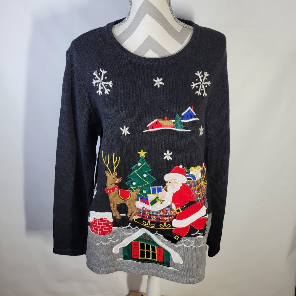 Bechamel Christmas Sweater Santa Reindeer Size Large Small Hole